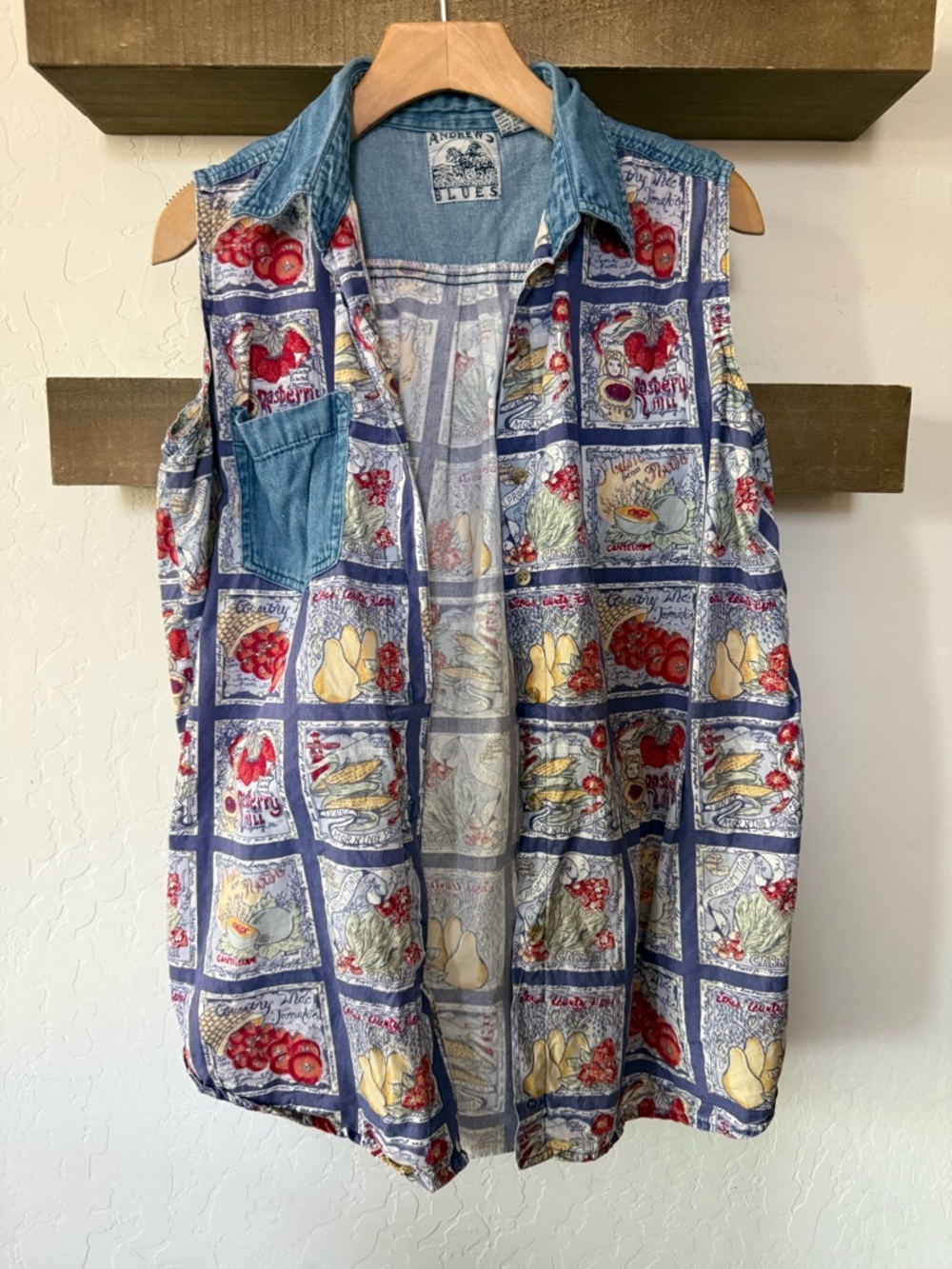 Andrew’s Blues|Vintage Denim-Collar Sleeveless Button Front top w novelty Print•